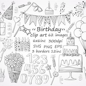 Images clipart anniversaire dessinés à la main, clipart fête, gâteau, Bunting clipart.62 images PNG, SVG, EPS séparées.3 bordure 12 inc. anniversaire de griffonnage.