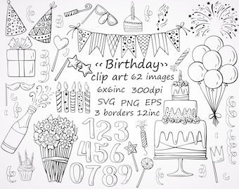 Images clipart anniversaire dessinés à la main, clipart fête, gâteau, Bunting clipart.62 images PNG, SVG, EPS séparées.3 bordure 12 inc. anniversaire de griffonnage.