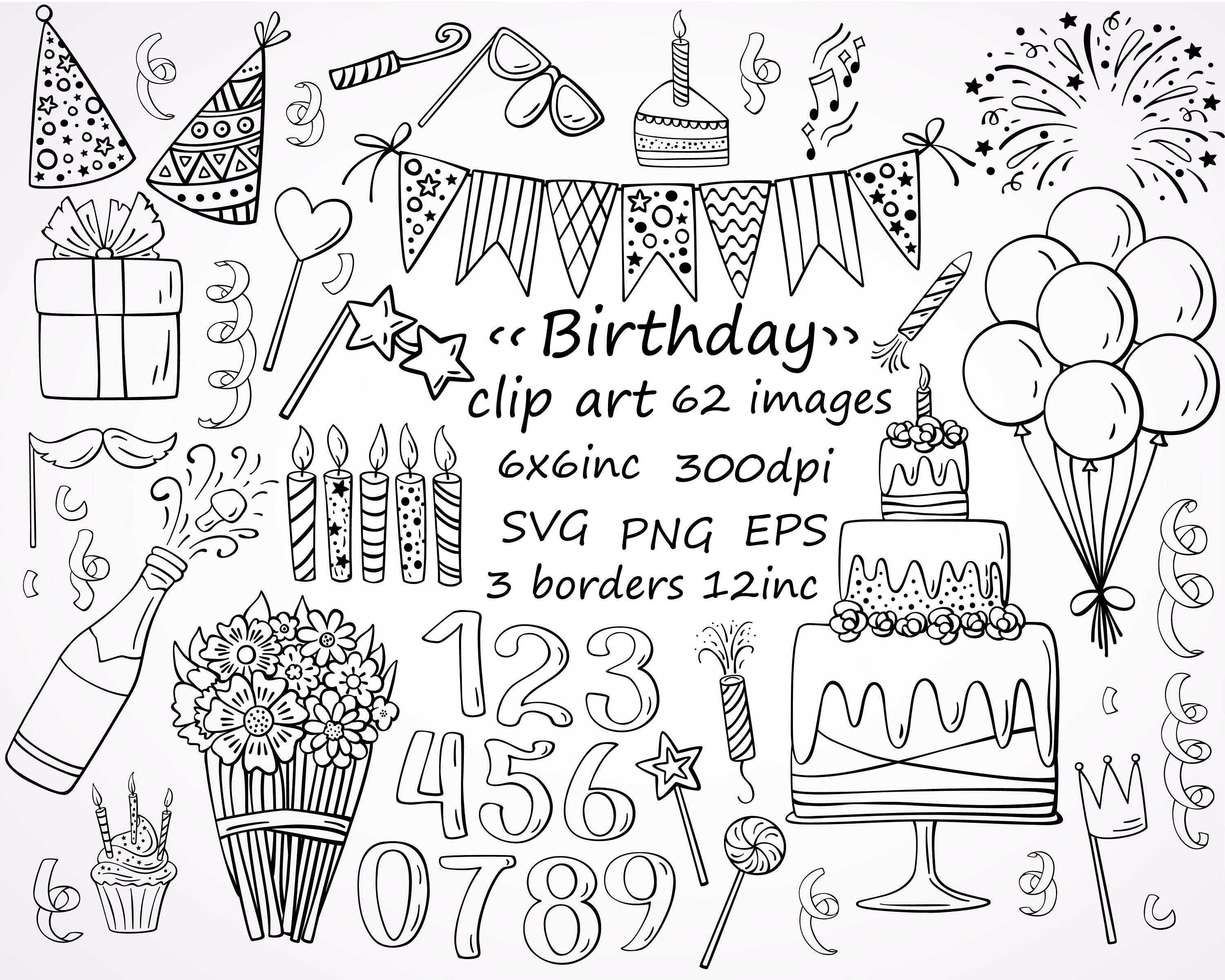 Handgezeichnete Geburtstag Clipart, Party Clipart, Kuchen Clipart, Wimpelkette Clipart.62 separate PNG-, SVG-, EPS-Bilder. Gekritzelgeburtstag.