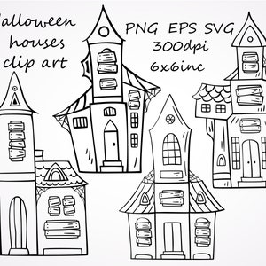 Set of Halloween houses, Spooky hand-drawn houses, SVG, PNG, EPS files, black and white colors, 6x6 inc, halloween clipart, house clipart.