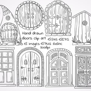 Clipart de portes dessinées à la main, portes SVG, portes PNG, 15 images séparées, clipart de porte d’entrée, ensemble de portes en bois, clipart de porte de fée.