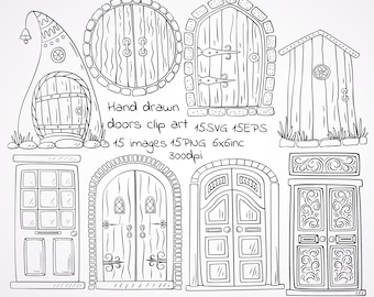 Handgezeichnete Türen Clipart, Türen SVG, Türen PNG, 15 separate Bilder, Haustür Clipart, Holztüren Set, Fee Tür Clipart.