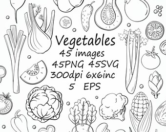 Vegetables clipart, SVG vegetables, PNG vegetables, 45 separate images vegetables, doodle vegetables clipart.