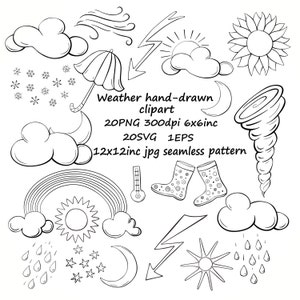 Weather hand-drawn clipart.20 PNG weather elements,20 SVG weather clipart,1EPS,1 jpg digital papers 12x12 inc.Weather doodle clipart.