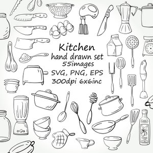 Doodle Küche Clipart, 55 SVG Küche, handgezeichnete Backzubehör Clipart, 55 PNG Küchenbilder, Küchenutensilien, Kichen Doodle.