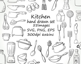 Kitchen Tools Ink Clipart Set Cooking Utensils Line Drawings, Hi Res Art  Black Doodle Illustrations, Transparent Pngs and EPS Vector 