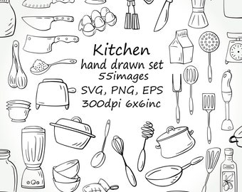 Doodle Küche Clipart, 55 SVG Küche, handgezeichnete Backzubehör Clipart, 55 PNG Küchenbilder, Küchenutensilien, Kichen Doodle.