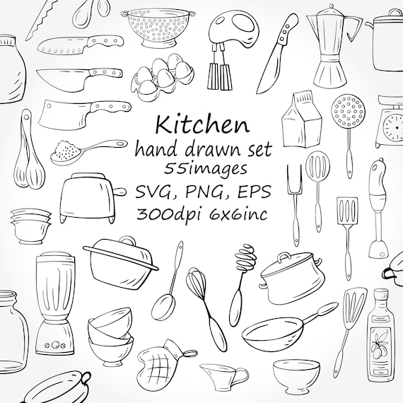 Doodle Kitchen Clipart,55 SVG Kitchen,hand Drawn Baking Supplies Clipart,55  PNG Kitchen Images, Kitchen Utensils Set, Kichen Doodle. 