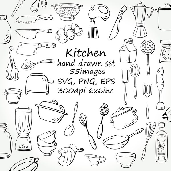 Doodle Kitchen Clipart,55 SVG kitchen,Hand drawn Baking supplies Clipart,55 PNG kitchen images, Kitchen utensils set, Kichen doodle.