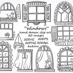 Windows hand-drawn set, 20 separete images, 20 PNG,20 SVG, 6x6 inc, 20EPS, doodle windows download, home clipart, windows frame.