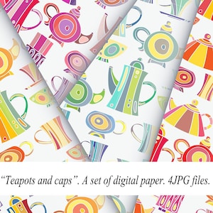 Set 4 digital paper"Teapots and cups".Cooking Paper Pack,Baking Paper Pack,digital papers.Kitchen paper pack. Scrapbook Kitchen paper jpg.