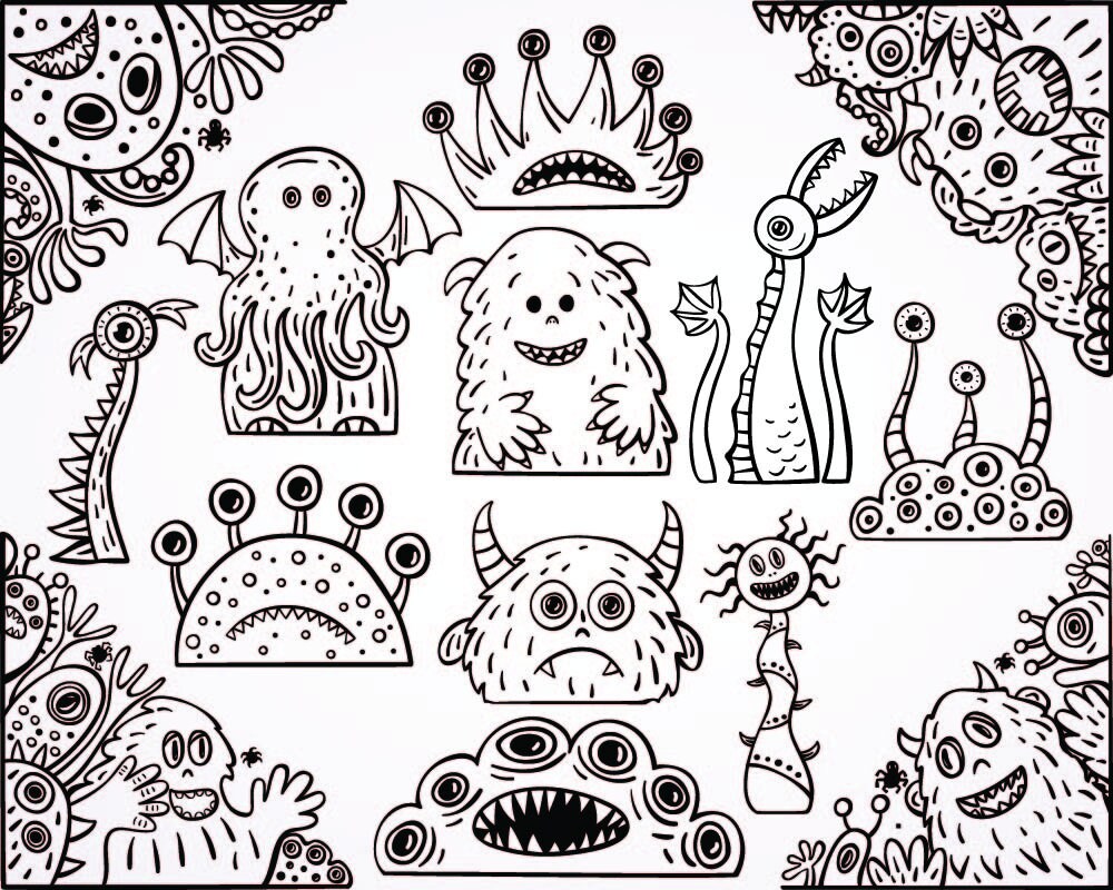 Monster In Corner Halloween Monsters and Corners Clipart,11 Hand-drawn Halloween Separete ...