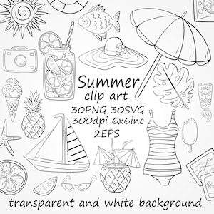 Clipart "Verano" dibujado a mano, imágenes prediseñadas de verano PNG, imágenes prediseñadas de verano SVG, 30 imágenes separadas, conjunto de doodle verano, imágenes prediseñadas vectoriales de verano.