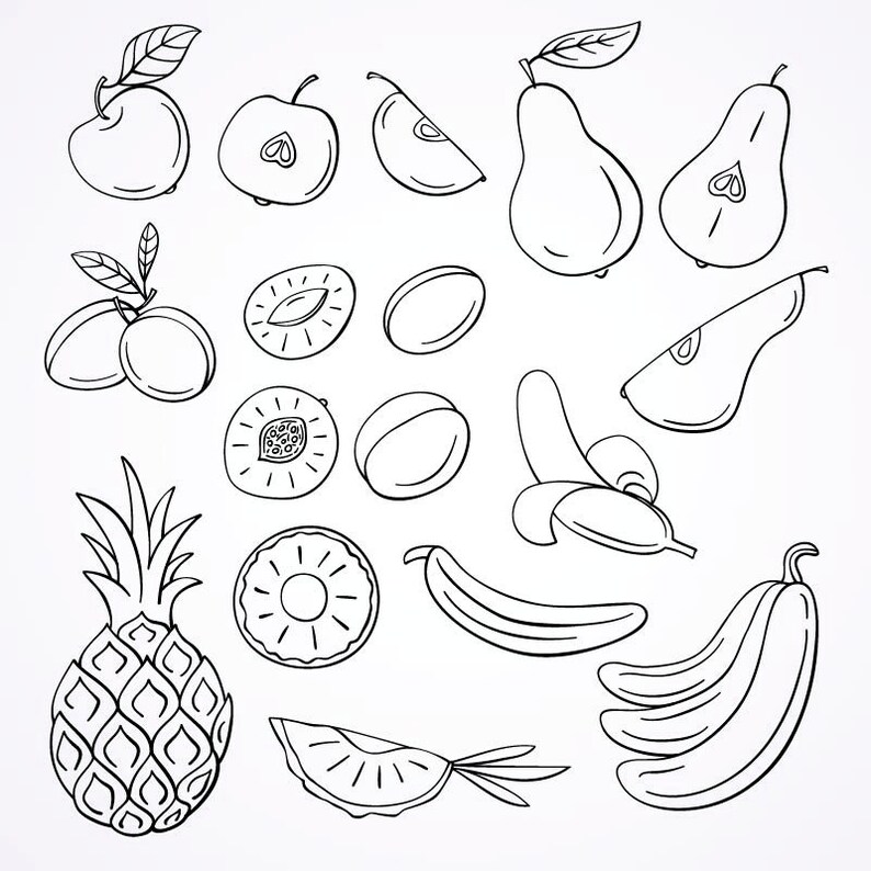 Handdrawn Fruits Clipart, 57 Separate Images Fruits SVG,PNG,EPS
