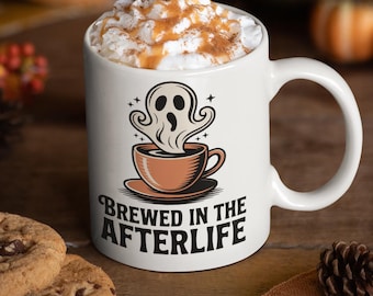 Brewed in the Afterlife PNG • Vintage Ghost Coffee Cup Halloween T-Shirt Design • Spooky Coffee Lover Sublimation Graphic • Fall Café Humor