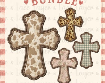 Patchwork Cross PNG Bundle, Faux Embroidery Christian Coquette Western Sublimation Design