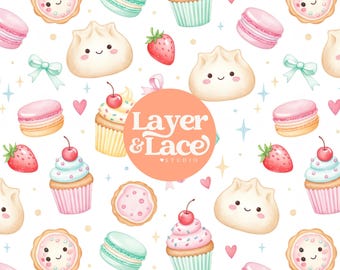 Sweet Bakery Dumpling Seamless Pattern, Kawaii Dessert Digital Paper