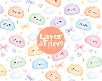 Pastel Dumpling Seamless Pattern, Kawaii Food Digital Paper, Glitter Dumpling