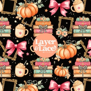 Cozy Fall Books Seamless Pattern, Coquette Autumn Reading Print, Pumpkin Digital Download