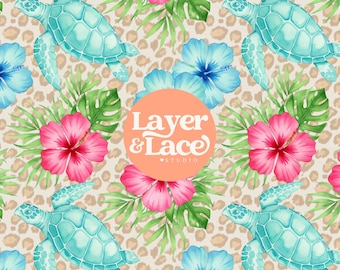 Sea Turtle Tropical Seamless Pattern, Leopard Beach Summer Digital Paper