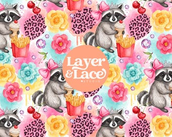 Coquette Raccoon Seamless Pattern, Cherry Dessert Animal Digital Paper Design