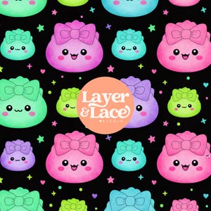 May include: A black fabric pattern featuring repeating cartoon characters with bows in shades of pink, green, blue, and purple, accented by small colorful stars and hearts. A circular peach logo in the center displays the text Layer & Lace Studio.