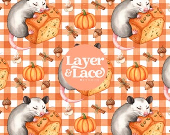 Pumpkin Bread Opossum Seamless Pattern, Fall Gingham Digital Paper