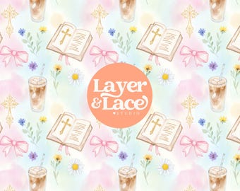 Christian Coquette Seamless Pattern, Faith Inspired Digital Paper, Bibles, Bows, Iced Coffee