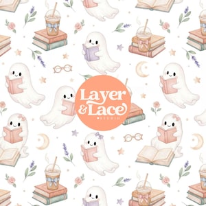 May include: A repeating pattern featuring white ghosts reading books, iced coffee cups with bows, small pink roses, lavender sprigs, crescent moons, stars, and glasses on a white background, with a central orange circle containing Layer & Lace Studio.