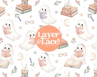 Ghost Library Seamless Pattern JPG | Reading Ghost Digital Paper | Book Lover | Cozy Halloween