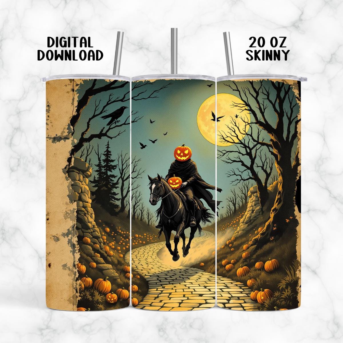 Headless Horseman PNG, Vintage Gothic Halloween PNG, Pumpkin Rider ...