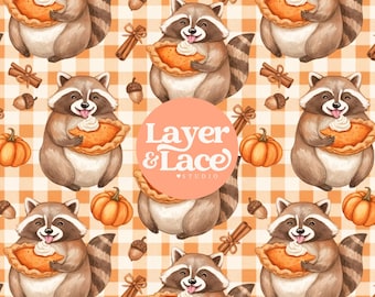 Pumpkin Pie Raccoon Seamless Pattern | Fall Gingham Digital Paper | Autumn Seamless File