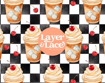 Iced Coffee Seamless Pattern, Retro Checkered Digital Paper