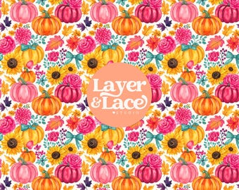 Pink Pumpkin Floral Seamless Pattern PNG, Girly Fall Digital Paper, Autumn Seamless File