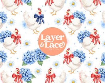 Patriotic Chicken Seamless Pattern, Americana Hen Digital Paper Design