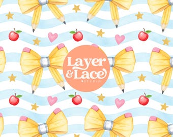 Teacher Pencil Bow Seamless Pattern, School Digital Paper JPG