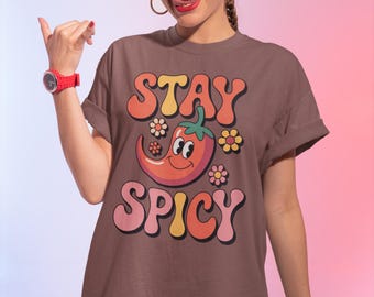 Retro Stay Spicy PNG | 70s Groovy Chili Pepper Shirt Graphic | Funky Vintage Humor T-Shirt Design For Sublimation & DTG Printing