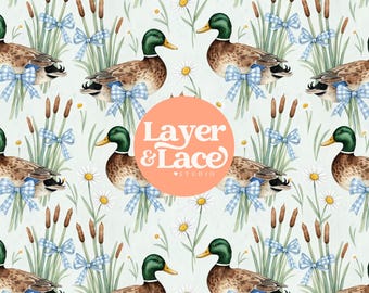 Watercolor Mallard Duck Seamless Pattern, Blue Gingham Bow Marsh Digital Paper