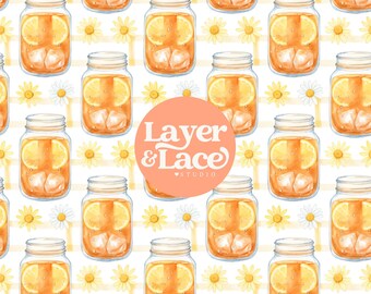 Sweet Tea Seamless Pattern, Mason Jar Lemon Daisy Background, Southern Summer Design