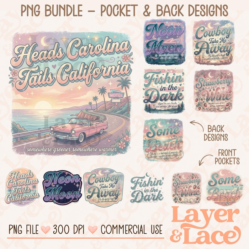 90s Country PNG Bundle, Retro Western Vintage, Fishin in the Dark, Coastal Cowgirl Front Back image 1