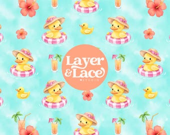 Summer Duck Seamless Pattern, Tropical Pool Float Digital Paper