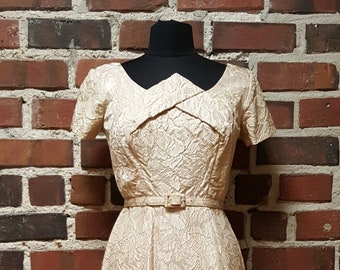 1950s/50s Champagne Brocade Cocktail Dress Size S