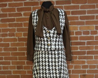 Vintage 1970s/70s Brown &  Black Houndstooth Dress and Vest, Size S