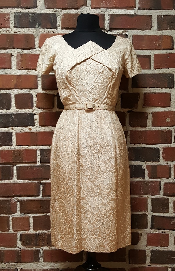 1950s/50s Champagne Brocade Cocktail Dress Size S