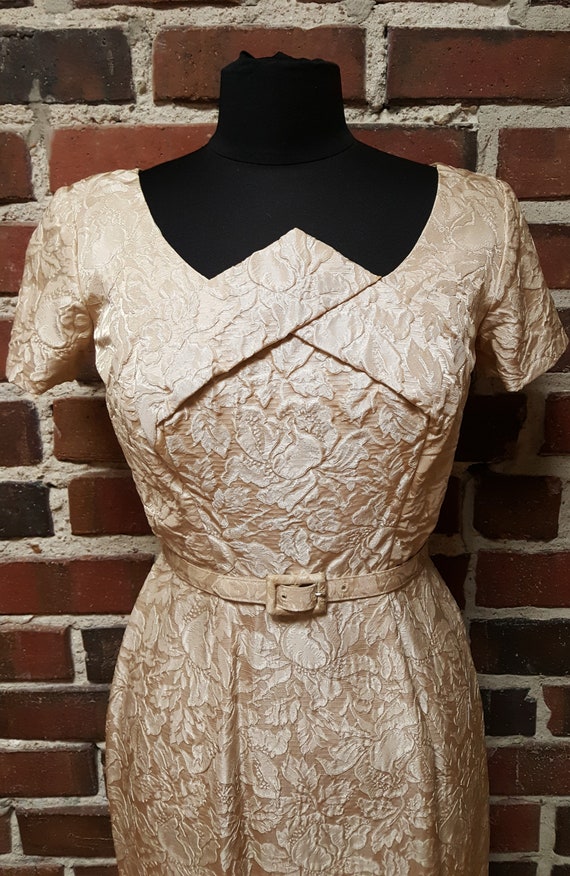 1950s/50s Champagne Brocade Cocktail Dress Size S - image 2