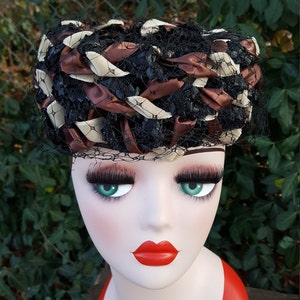1960s/1960s Black Brown Cream Ribbon Pillbox Hat