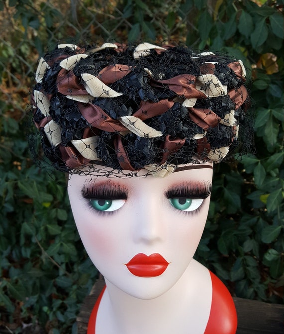 1960s/1960s Black Brown Cream Ribbon Pillbox Hat - image 1