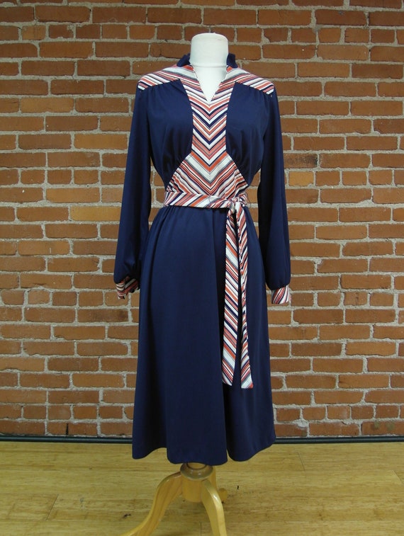 Vintage 1970s Navy Blue Dress with Chevron Stripes