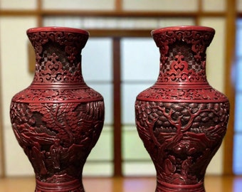 Japanese Carved Vase In Red Lacquer, A Pair