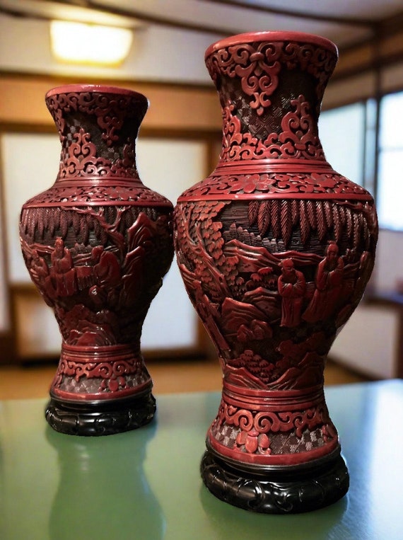 Japanese Carved Vase in Red Lacquer, A Pair - Etsy